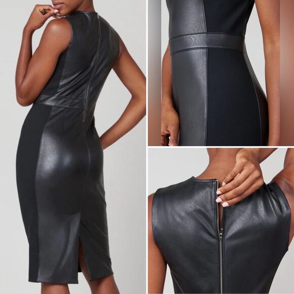 NEW NWT Spanx Large Faux Leather Fitted Sheath Dress Sleeveless Black Party Work - Picture 2 of 10